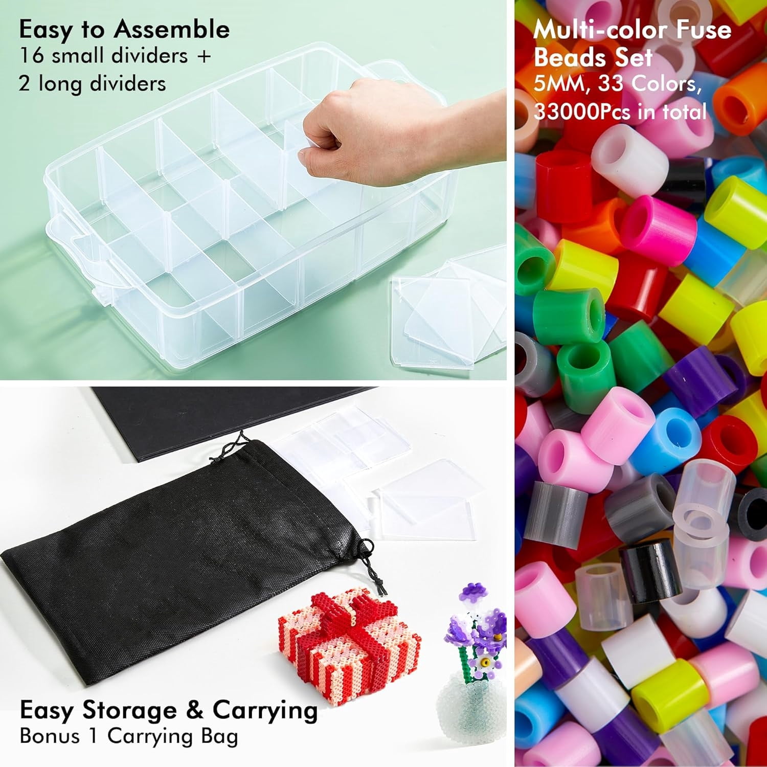 Fuse Beads, 33000pcs Fuse Beads Kit, 33 Color 5MM Iron Beads Set with 150 Patterns, 8 Pegboards, 15 Ironing Paper, 6 Tweezers, 85 accessories, Craft Kits Gifts for Birthday Christmas