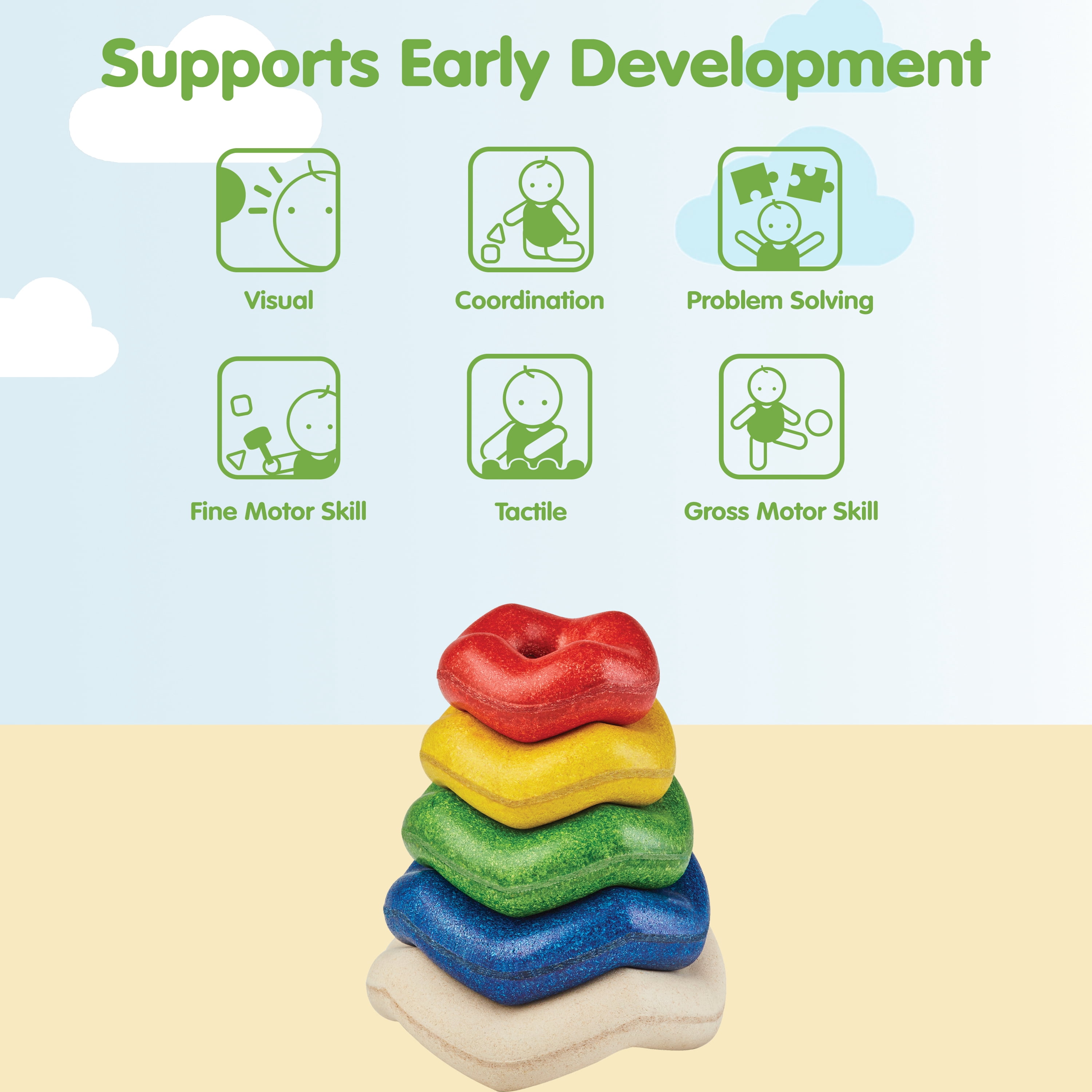 PlanToys® Wooden Wave Stacker | Montessori Stacking Toy for Imaginative Play, Fine Motor Skills and Coordination | Eco Friendly Baby Toy for Sensory and Problem Solving Development