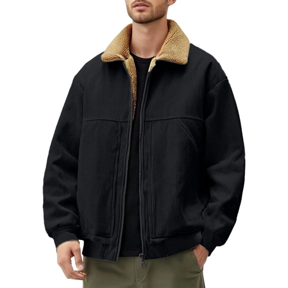 Corduroy Lined Jacket Winter Warm Fleece Collar Casual Outerwear Coats For Daily Street Style Comfort-Black-L