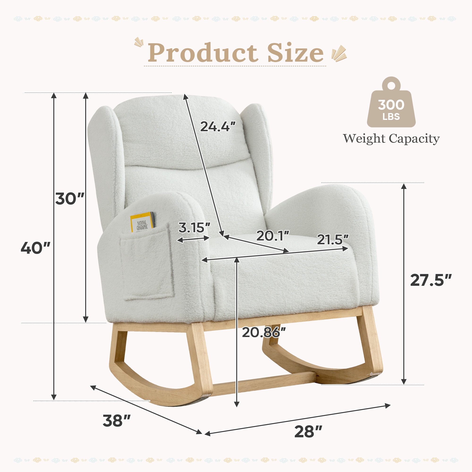 Muumblus Nursery Rocking Chair, Wingback Glider Rocker, Indoor Uphlostered Rocking Chair, Ivory Teddy