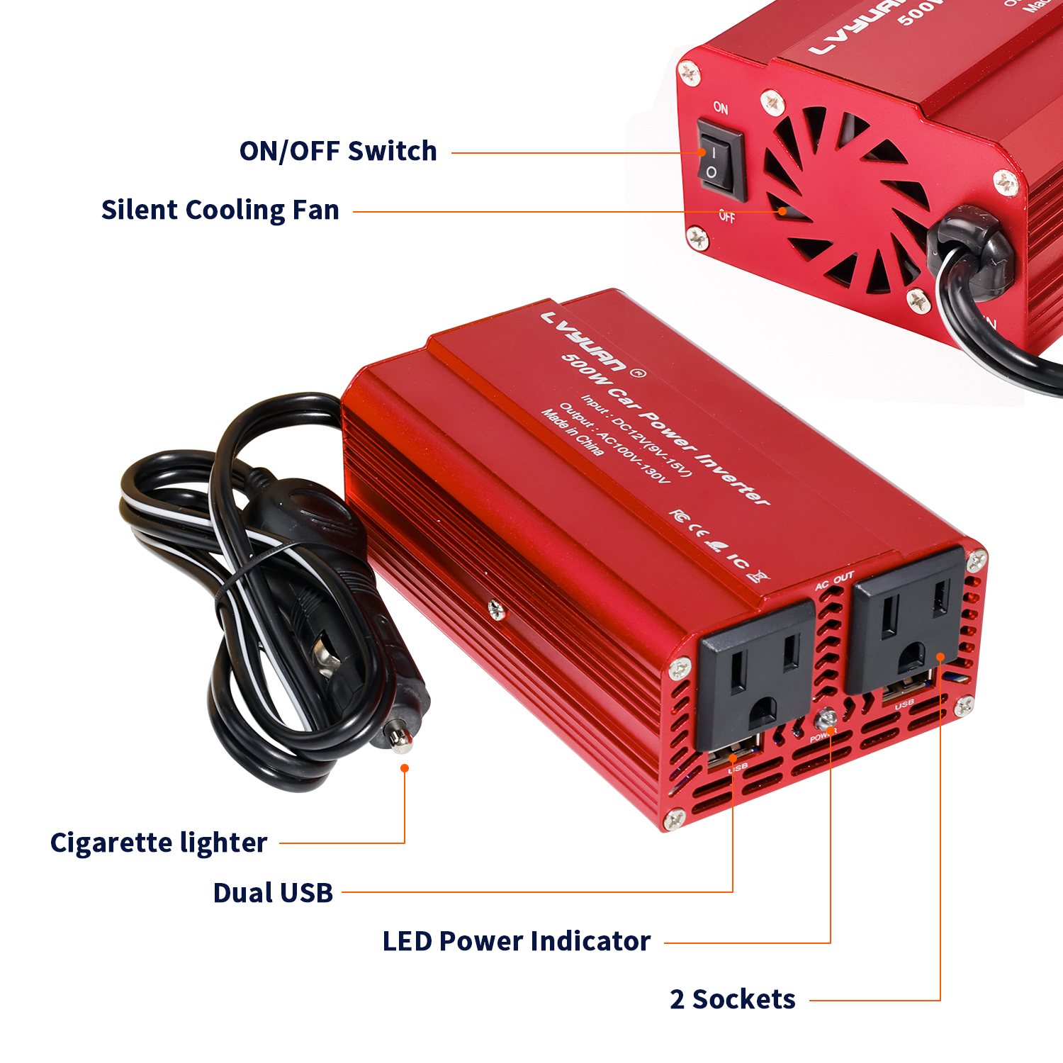 EFFORTWAY 500 Watts Power Inverter Car Converter DC 12V to AC 110V 120V Adapter Battery Charger for Car 2AC 2USB Red