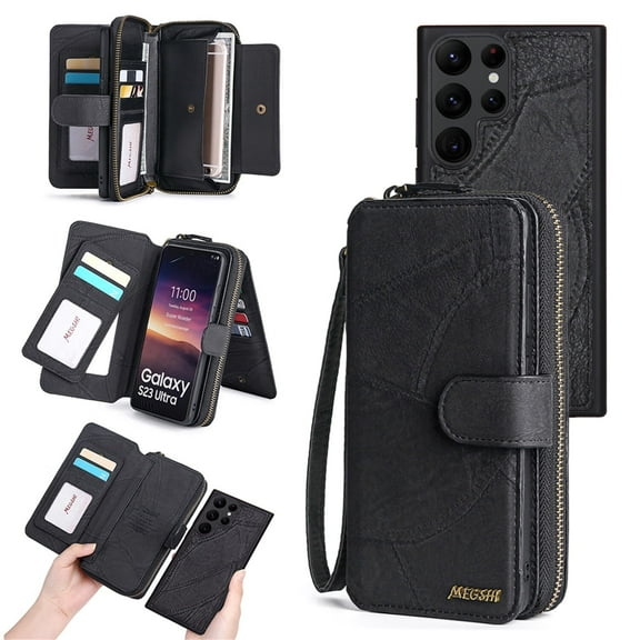 Magnetic Detachable Wallet Case for Galaxy S23 Ultra with Card Slot & Kickstand, PU Leather RFID Blocking Cover Support Wrist Strap Acrylic Mirror Full Body Protective Shell, Black