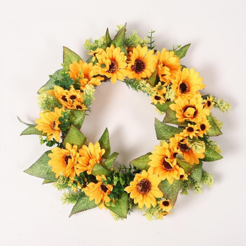 Mrinb Artificial Flower Wreath Garland with Yellow Sunflower and Green Leaves Front Door Window Wedding Decorations-45cm