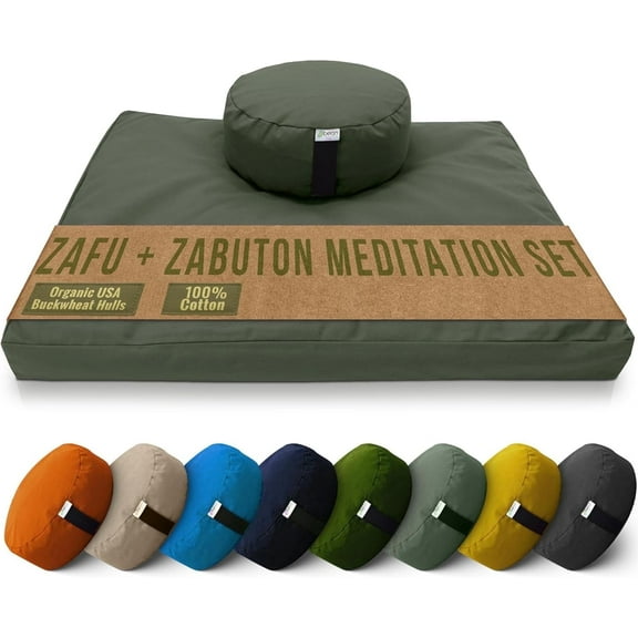 Cotton Meditation Cushion and Mat Set - Organic Buckwheat Filled Round Zafu Meditation Pillow and Cotton Filled Zabuton Floor Pad - Made in USA, Earth