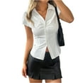 thumbnail image 2 of Godokuleh Button Up Shirt Women Button Down Babydoll Top Short Sleeve Fitted Collared V Neck Cropped Teen Tops White L, 2 of 6