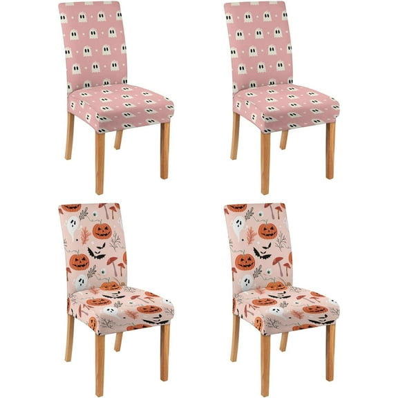 halloween Chair Covers Set of 4,Holiday Dining Stretch Removable Protector,Pink Pumpkin Skull Ghost Chair Back Covers Farmhouse Decor,Colorful Seat Slipcovers for Dining Room and Party