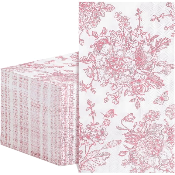 100 Pcs Pink Floral Napkins, Valentines Napkins Disposable Decorative Bathroom Napkin Pink Toile Guest Dinner Napkin for Wedding, Bridal Baby Shower, Tea Party