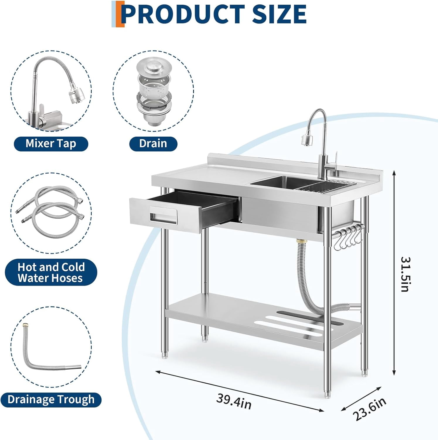 Ataucjin Stainless Steel Laundry Utility Sink, Freestanding Single Bowl Kitchen Sink with Hot & Cold Water Faucet, Built-In Wash Board, Drawer, Drain Basket, Dish Rack for Laundry Room, Garage