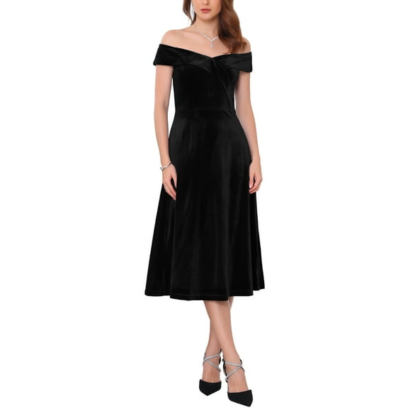INSPIRE CHIC Women's Velvet Dress Off the Shoulder Vintage Cocktail Evening A-Line Dresses S Black