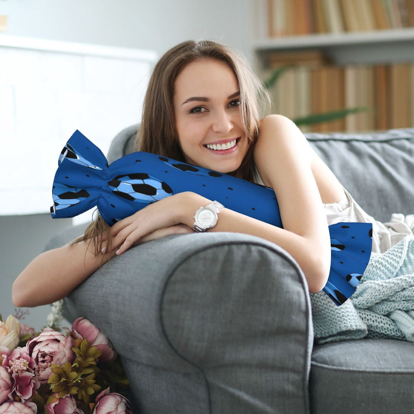 Candy Throw Pillow Travel Cervical Pillow Cylindrical Neck Body Cushion With Insert For Bed Couch Home Decor 9.8x24.4in Soccer Football Black And Blue Cool Sport Style