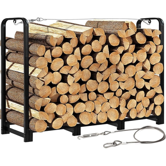 4FT Firewood Rack Stand - Fireplace Wood Storage Stacker Holder Heavy Duty Pile Logs Rack Holder for Outdoor Indoor Metal Firewood Logs Stacker, Black
