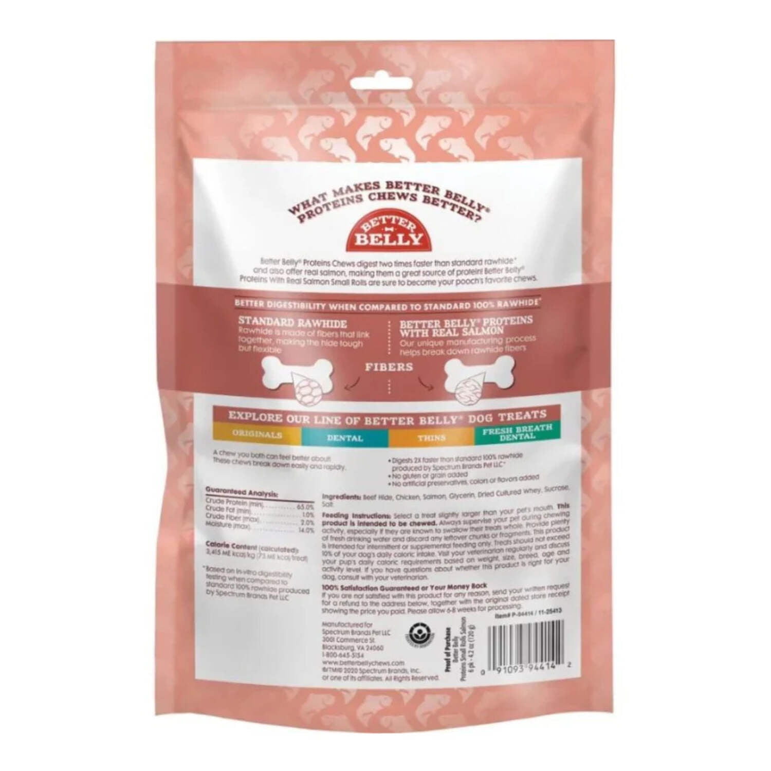 Better Belly Proteins with Real Salmon Small Rolls, Highly Digestible Rawhide Chews, 6 Count