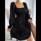 thumbnail image 4 of Vestido Mini de Fiesta Fluido con Escote Cuadrado, Larga, Volantes y Farol para Mujer Negro M, 4 of 9