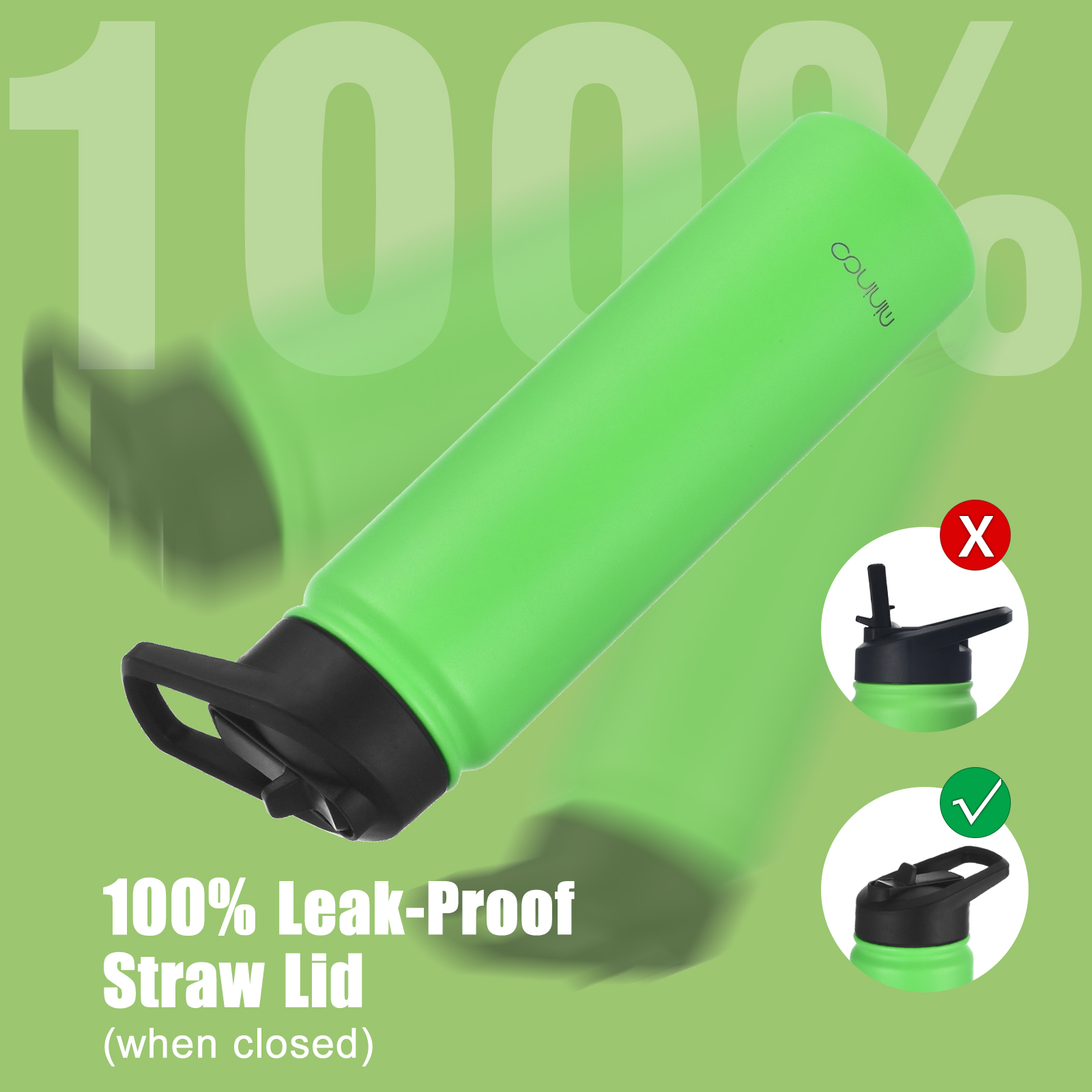 Mininoo 24 oz Insulated Stainless Steel Water Bottle with Straw Lid, Green