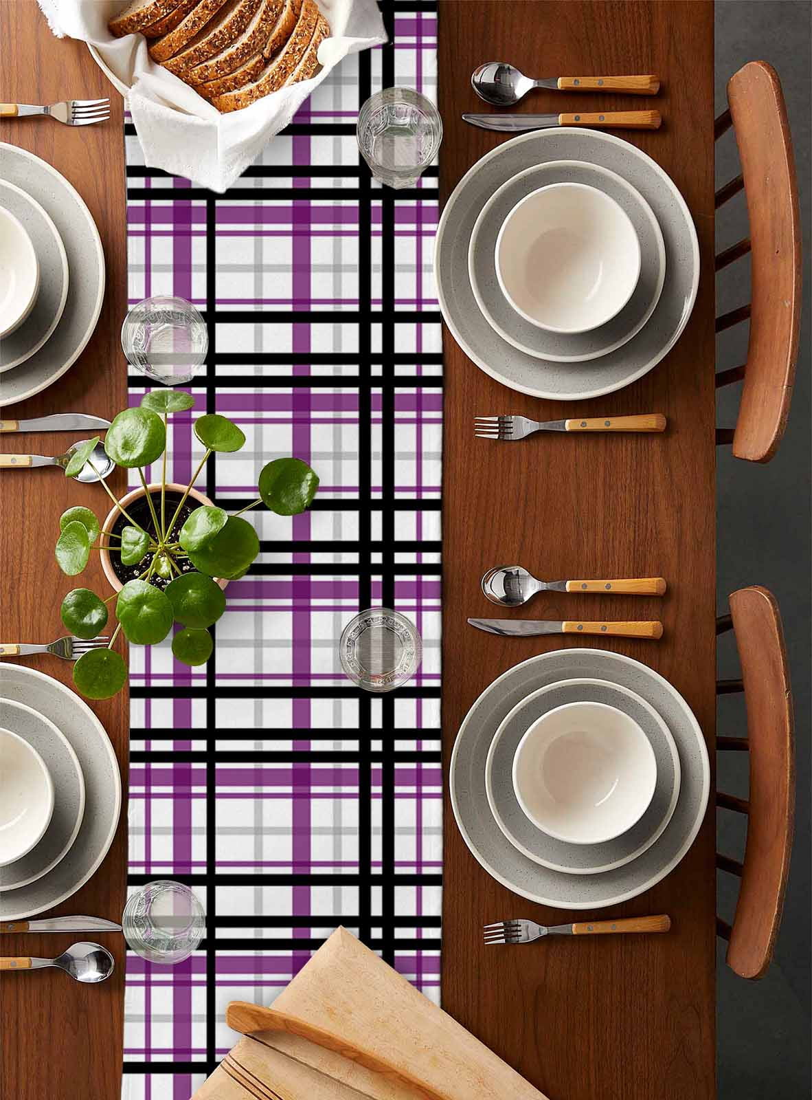Ldtrchee Purple Black Plaid Table Runner 72 Inches, Farmhouse Purple Black Checkered Bed Runner Dresser Scarves Tabletop for Indoor Outdoor Parties/Ceremony/Banquet, 14" x 72"