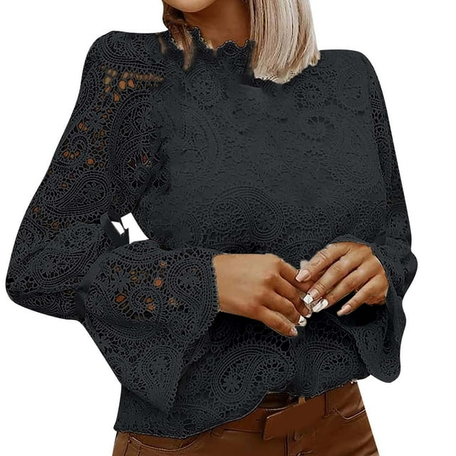 CEHVOM Blouse Femme à Manches Longues en Dentelle Unie Col Montant