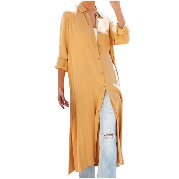 Liquidation-Vente Robes d'Été pour Femmes 2023 Robe à Manches Longues Couleur Unie Col à Revers Maxi Coupe Ample Y2K Mode Élégante Fête Boîte de Nuit Vacances Retour à la Maison Blouse Ourlet Droit Robe Froncée