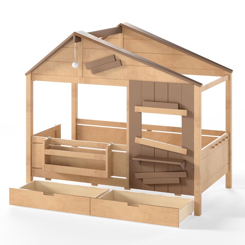 Twin House-Shaped Kid's Bed with Built-in Bookshelf & Light Bulb, Wooden Platform Bed Frame with 2 Drawers & 5 Round Hooks