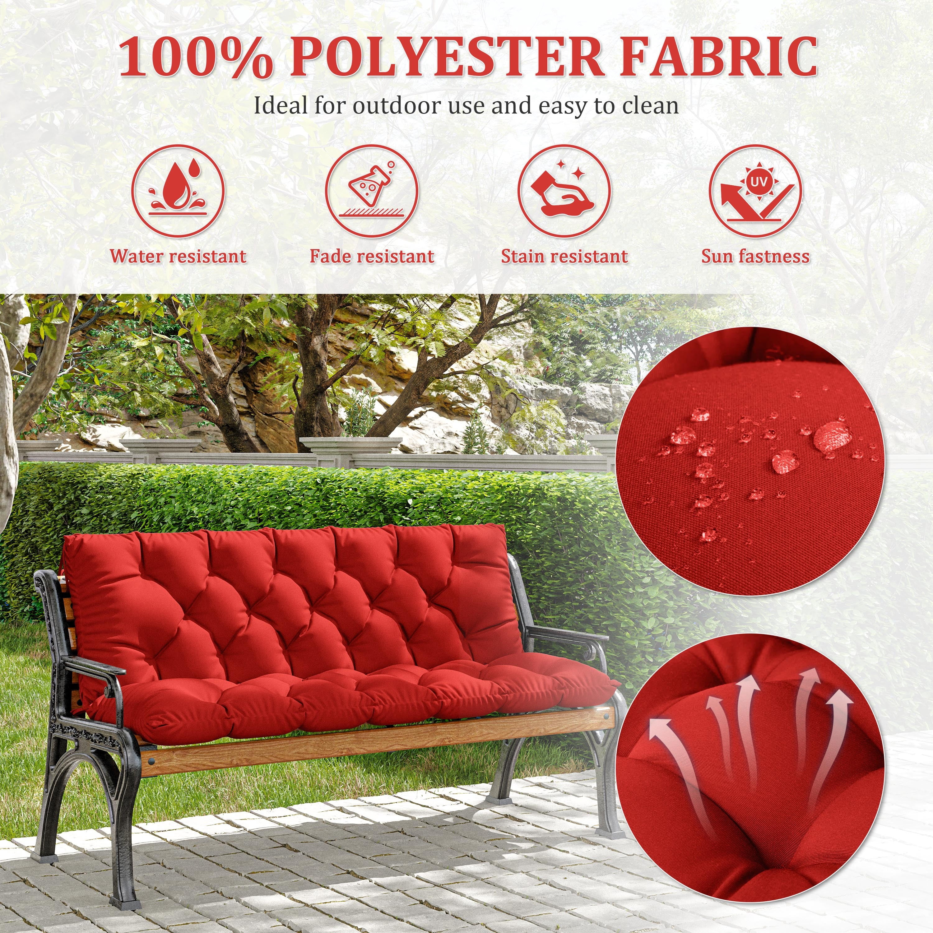 Kimunuk Outdoor Porch Swing Cushion, 60" X 40" X 5" Waterproof Bench Chair Replacement Cushion with 6 Ties for Patio, Red