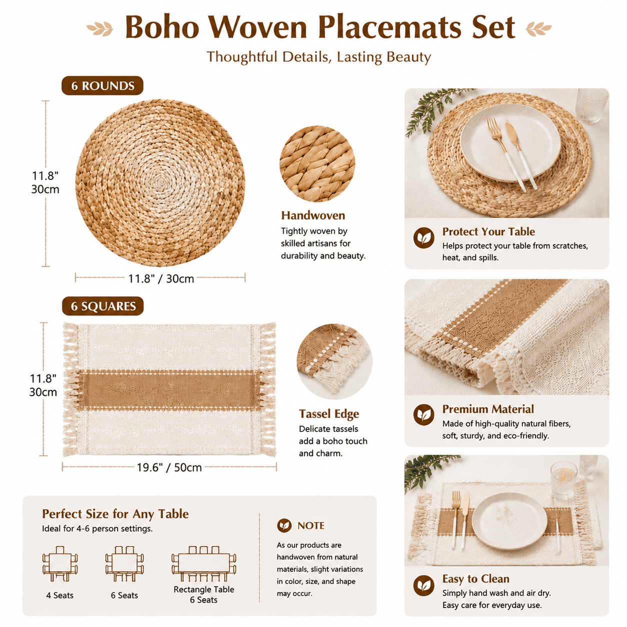 Boho Woven Placemats Set of 12 - Handmade Cotton Burlap and Water Straw Woven Combination Table Mats for Dining Table Decor