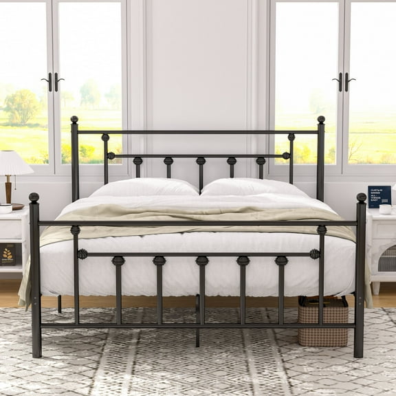 Victorian Queen Size Metal Platform Bed Frame with Headboard & Footboard, No Box Spring Needed, Black