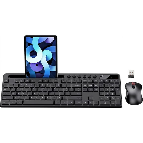 Wireless Keyboard and Mouse Combo, 2.4G Ergonomic Wireless Computer Keyboard with Phone Tablet Holder, Silent Mouse with 6 Button, Compatible with MacBook, Windows (Black)