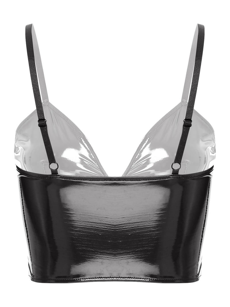 Haitryli Women's Metallic Leather Crop Tops Zipper Front