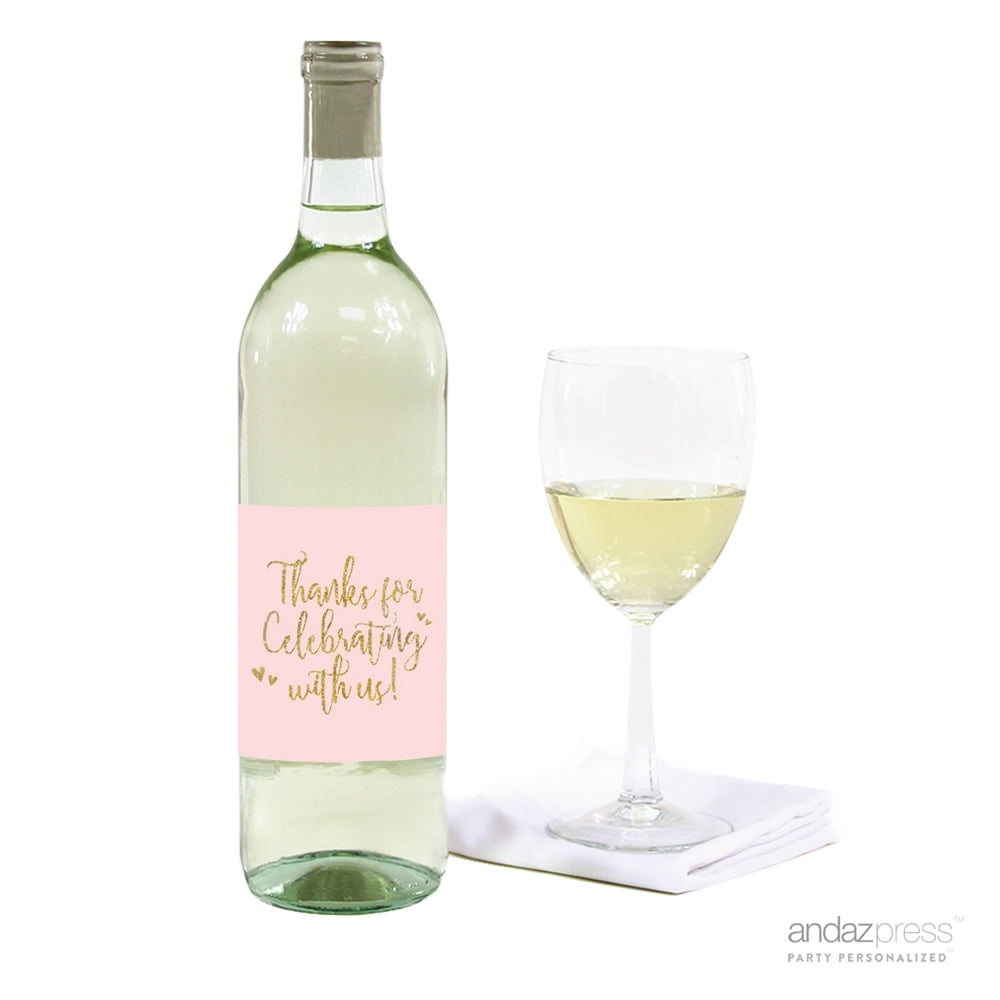 blush pink gold glitter print wedding wine bottle label