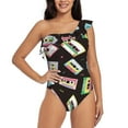 thumbnail image 2 of Picia Colorful Retro Tape Pattern Women's One Piece Swimsuits,One Shoulder Swimwear Asymmetric ,Ruffle Monokinis Bathing Suits,High Waisted Flattering Bathing Suits-Small, 2 of 8