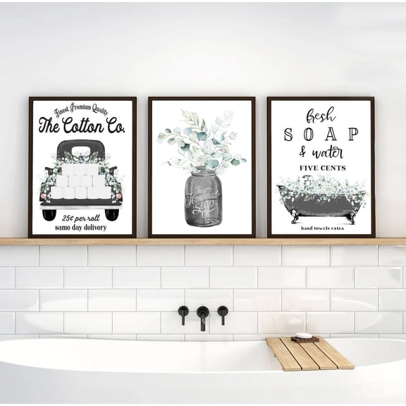 UNFFRAMED Bathroom Wall Art Black Eucalyptus Cotton Co Bathroom Wall Decor, Bathroom Art, Vintage Farmhouse Bathroom Decor Set 3 Prints 8x12