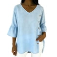thumbnail image 2 of Maqroz Stylish V Neck Bell Sleeve Side Button Top Women Solid Color Blouse Loose Soft Shirt Cotton Blend Plus Size Spring Summer Daily Wear, 2 of 7