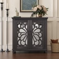 thumbnail image 2 of CQSXDA Modern Hollow-Carved Accent Cabinet with 2 Acrylic Mirrored Doors, MDF Sideboard for Living Room and Dining Storage, Dark Brown, 2 of 15