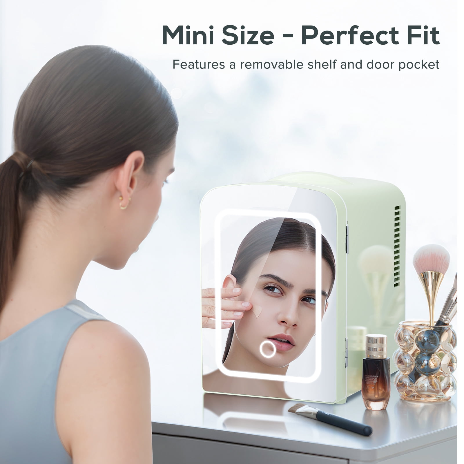 Auseo Mini Personal Fridge Cooler, LED Lighted Mirror, 4L Capacity Portable, Makeup and Skincare - AC/DC Refrigerator, Car, Office Desk & Dorm - Chills 6 Cans, GREEN