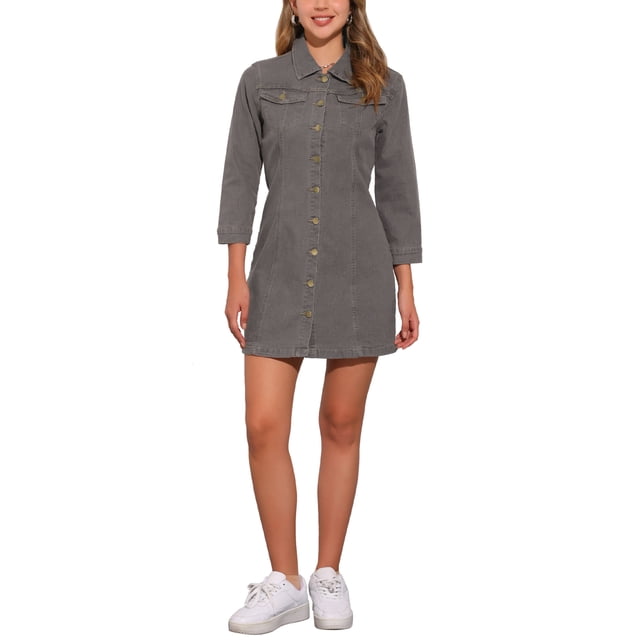 Vestido de mezclilla para mujer INSPIRE CHIC, con mangas 3/4, botones, mini vestido de camisa de mezclilla, talla S, color gris