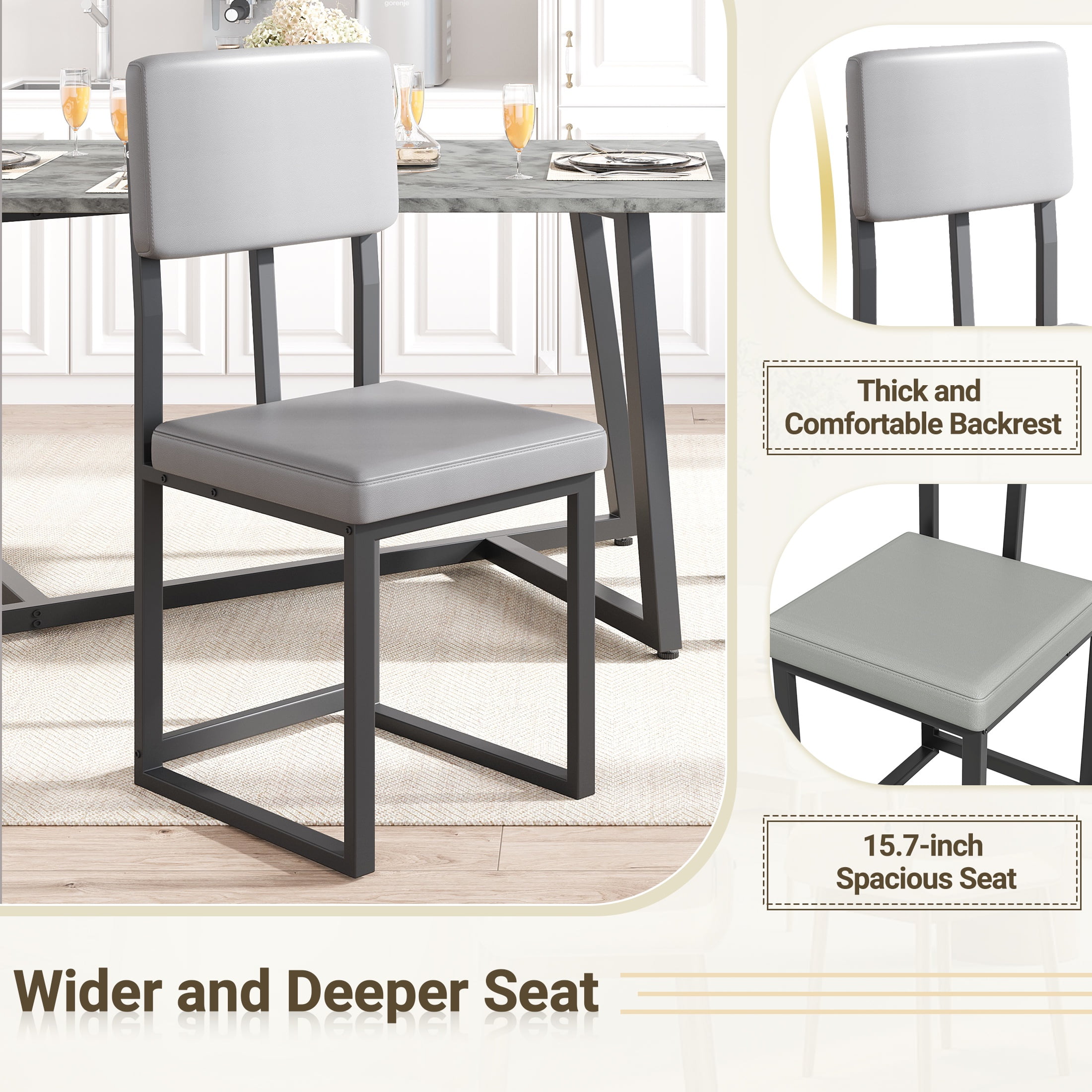 PAPROOS Dining Table Set for 4, 5 Piece Dining Room Table Set with Faux Marble Top and Leather Upholstery Chairs, Modern Dinette Sets for Breakfast Nook, Kitchen Table and Chairs Set, Gray