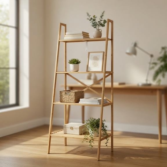 Resenkos Bookshelf,Shelf, Open Bookcase Book Shelf,Storage Shelf Unit Plant Stand,58 Inch 4-Tier Bamboo Ladder Bookshelf-Natural