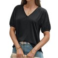 thumbnail image 2 of Summer Short Sleeve Women V Neck Solid Puff Sleeve T Shirt, 2 of 6