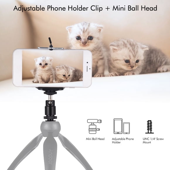 Support de téléphone réglable Clip + Rotule Mini avec montures de vis de 1/4 pouce pour Canon Nikon Sony DSLR ILDC Mini DV Moniteur Trépied vidéo léger pour iPhone Samsung Huawei 5.5-8.5cm Largeur