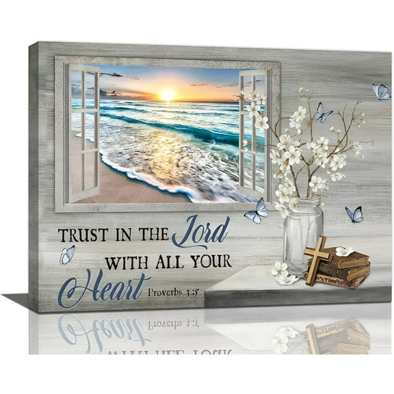 LAMIRO Christian Decor Wall Art Ocean Beach Flowers Coastal Pictures Wall Decor Scripture Canvas Painting Prints Modern Artwork Home Decoration for Bathroom Bedroom Living Room