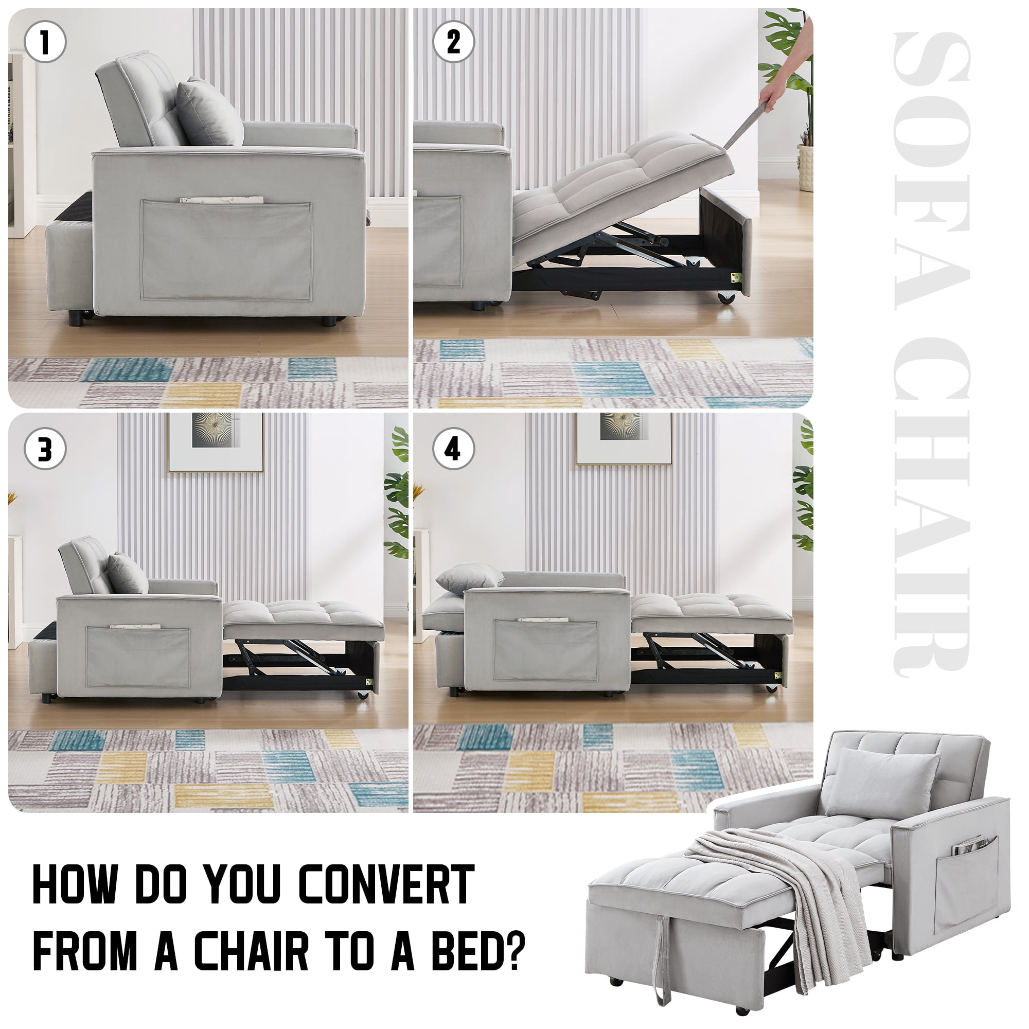Lunale 3-in-1 Convertible Sleeper Sofa Chair Bed, Lounge Chair Indoor, Modern Single Couch for Living Room, Small Spaces, Gray Velvet