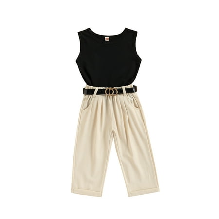 

Musuos Baby Girl Sleeveless Shirt Tank Tops High Waist Pants with Black Waist Belt