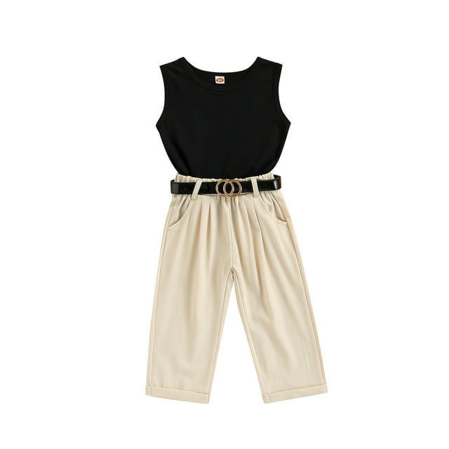 Faithtur 3 Pcs Tenues d'Été pour Filles, Débardeurs Sans Manches à Col Rond + Pantalons Décontractés avec Poches + Ceinture, 1-6 Ans