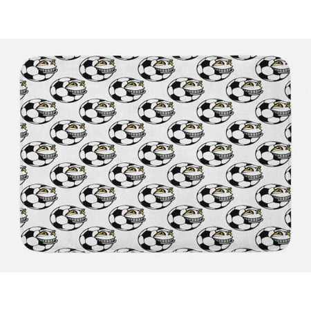 Soccer Bath Mat, Cartoon Football Mascot with Happy Funny Face Expression Sports Game Play, Non-Slip Plush Mat Bathroom Kitchen Laundry Room Decor, 29.5 X 17.5 Inches, Black White Yellow, Ambesonne