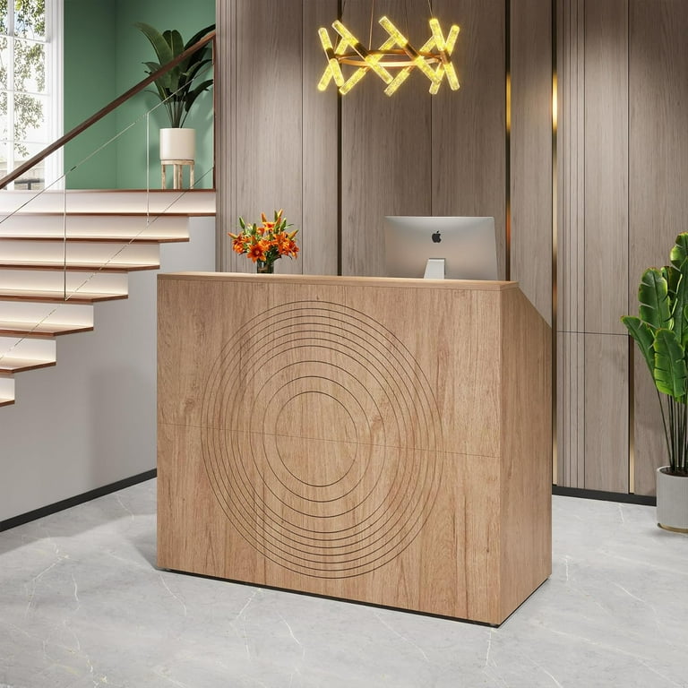 Tribesigns 47 inch Reception DeskModern Wood Front Desk Retail Counter for Checkout Lobby Oak Brown