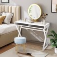 thumbnail image 3 of Gymax Vanity Table Set Table de Maquillage de Bureau w/Round Velours Pouf Bleu, 3 of 10