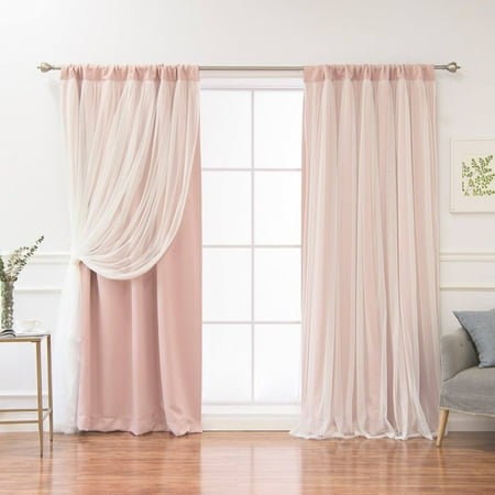 Best Home Fashion Solid Rod-Pocket Blackout with Tulle Overlay Curtain Panel Pair