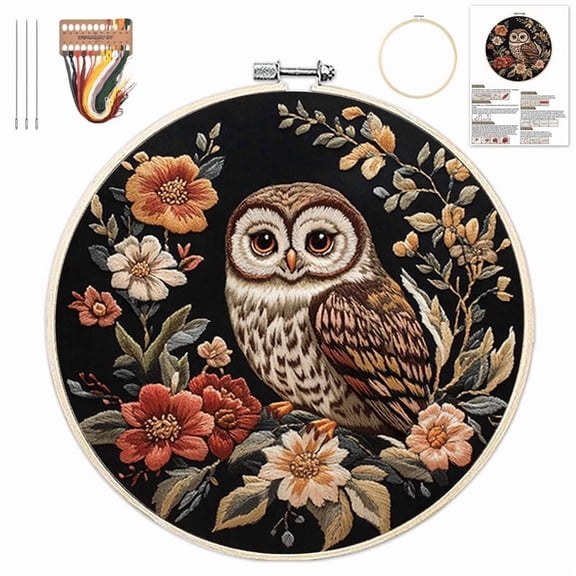 Embroidery Kit for Beginners, Owl Flowers Pre-Stamped Pattern Kits for Adults with Hoop, Easy to Follow Color Thread Needlework, 8'' Black Hoop (A)