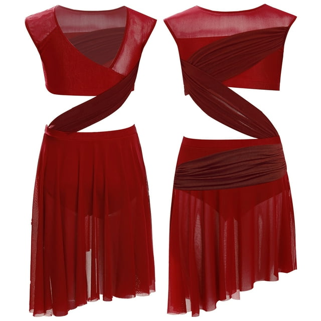 Nyeemya Robe Fluide Découpée pour Filles Robe Justaucorps de Danse à Blocs de Couleur Ourlet Irrégulier Bourgogne 6