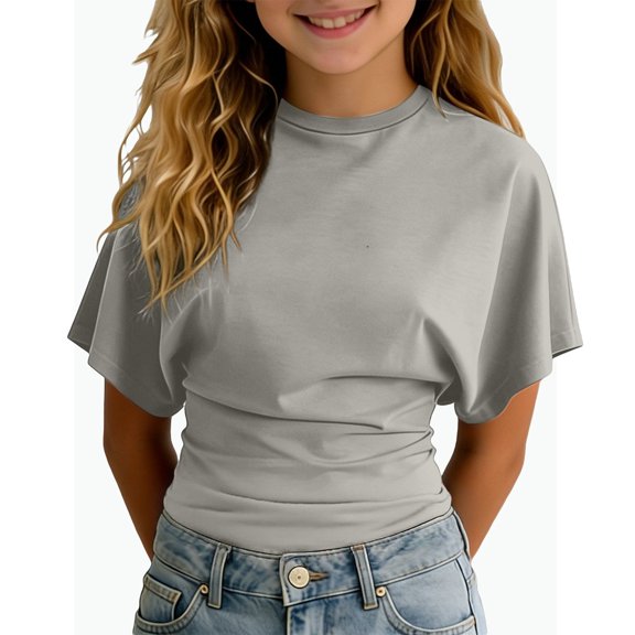 REDARER Girls Crew Neck Batwing Sleeve T-Shirt Solid Ruched Waist Casual Summer Stretchy Daily Top,13-14 Years