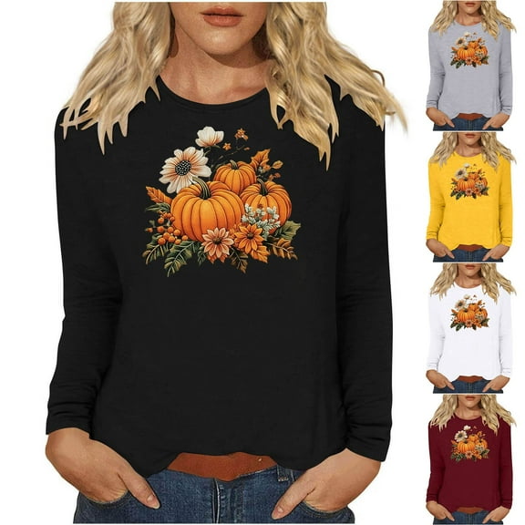 VKOYWKM Long Sleeve Thanksgiving Shirts for Women Pumpkin Graphic Tees Casual Crew Neck Long Sleeve Fall T-Shirts Funny Family Party Tunic Tops